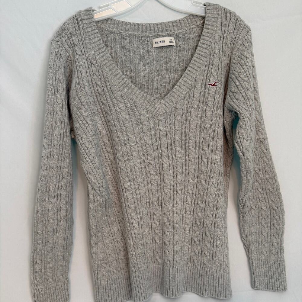 Hollister Gray Cable Knit Sweater V-Neck Cozy Pullover Soft Knit Size XXL